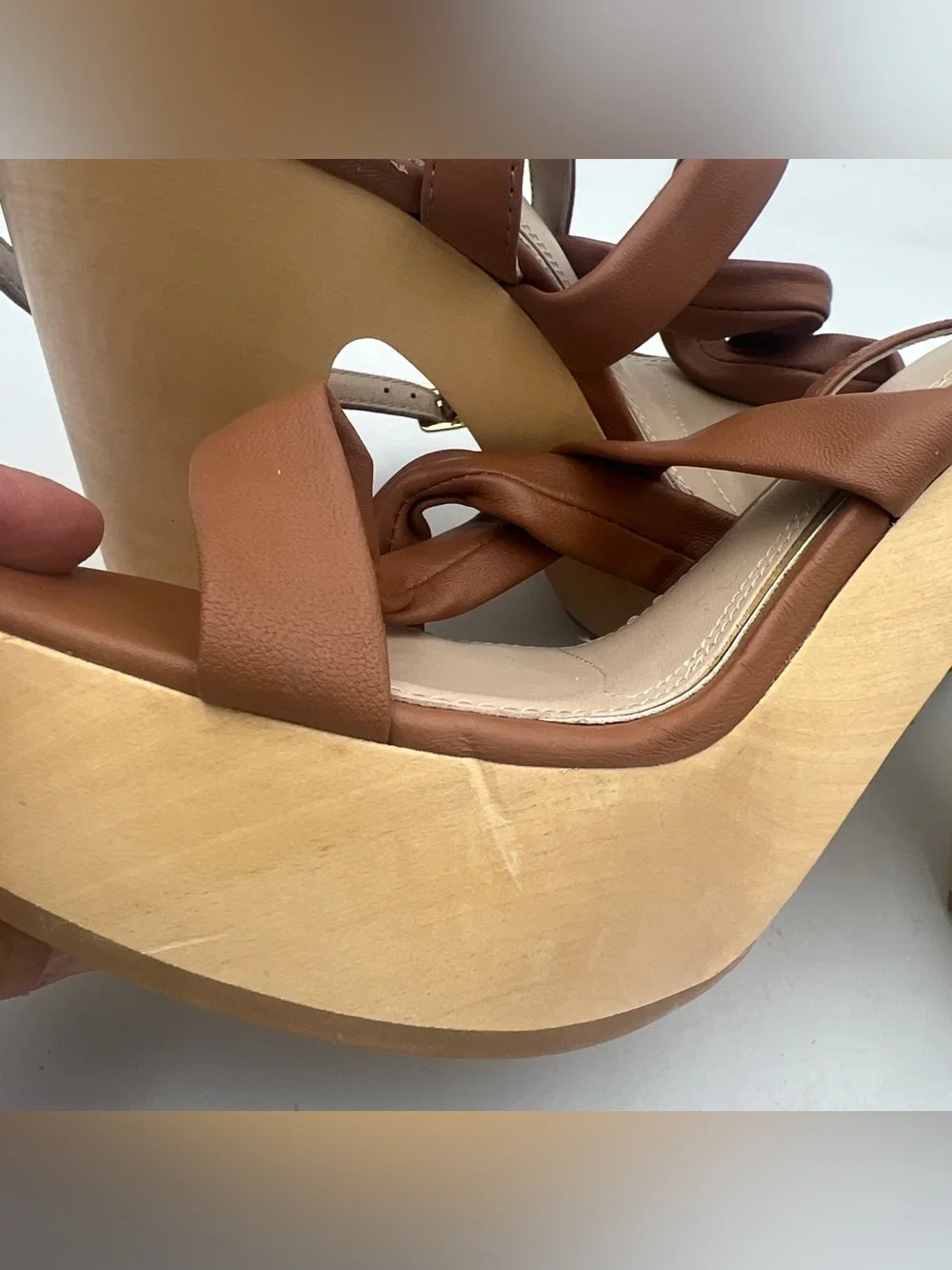 PAIGE Cayden Leather Ankle Strap Platform Sandal Woodgrain Block Heel Size 9 NEW